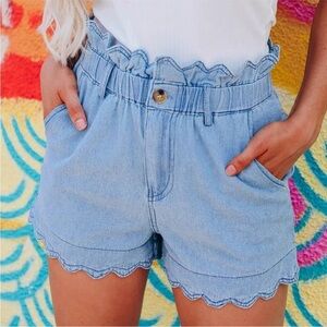 Gilli Blue High Waist Scalloped Hem Shorts